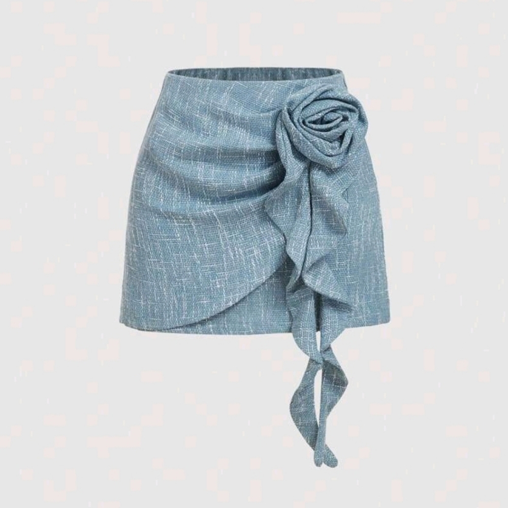 SHEIN MOD Women's A-Line Tweed Skirt ,3D Flower & Ruffle Hem